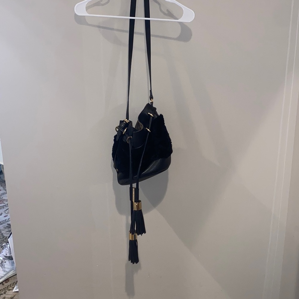 black vicki leather and faux shearling bucket bag